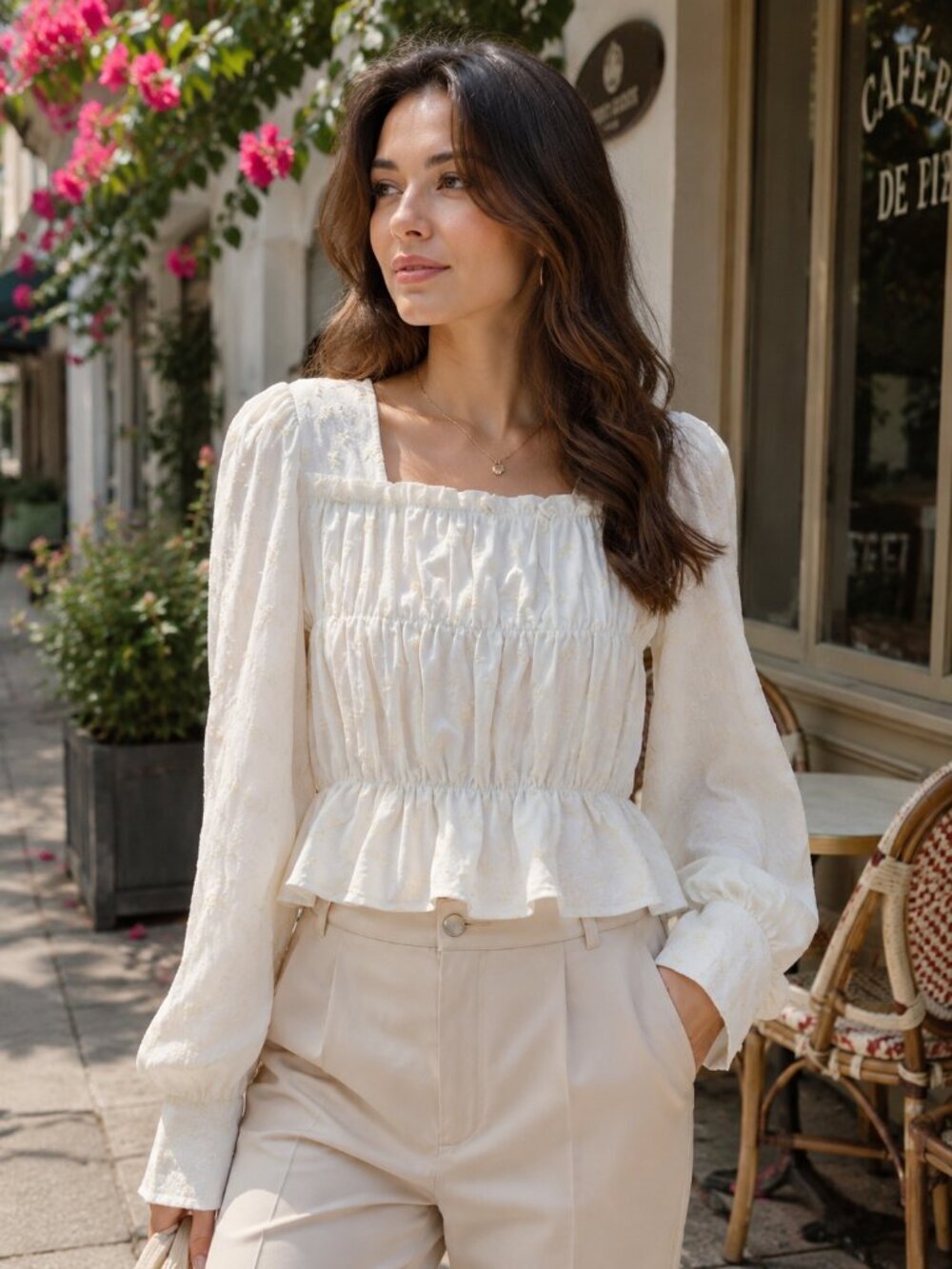 En Saison Emmie Denim Long Sleeve Blouse Top in Off White